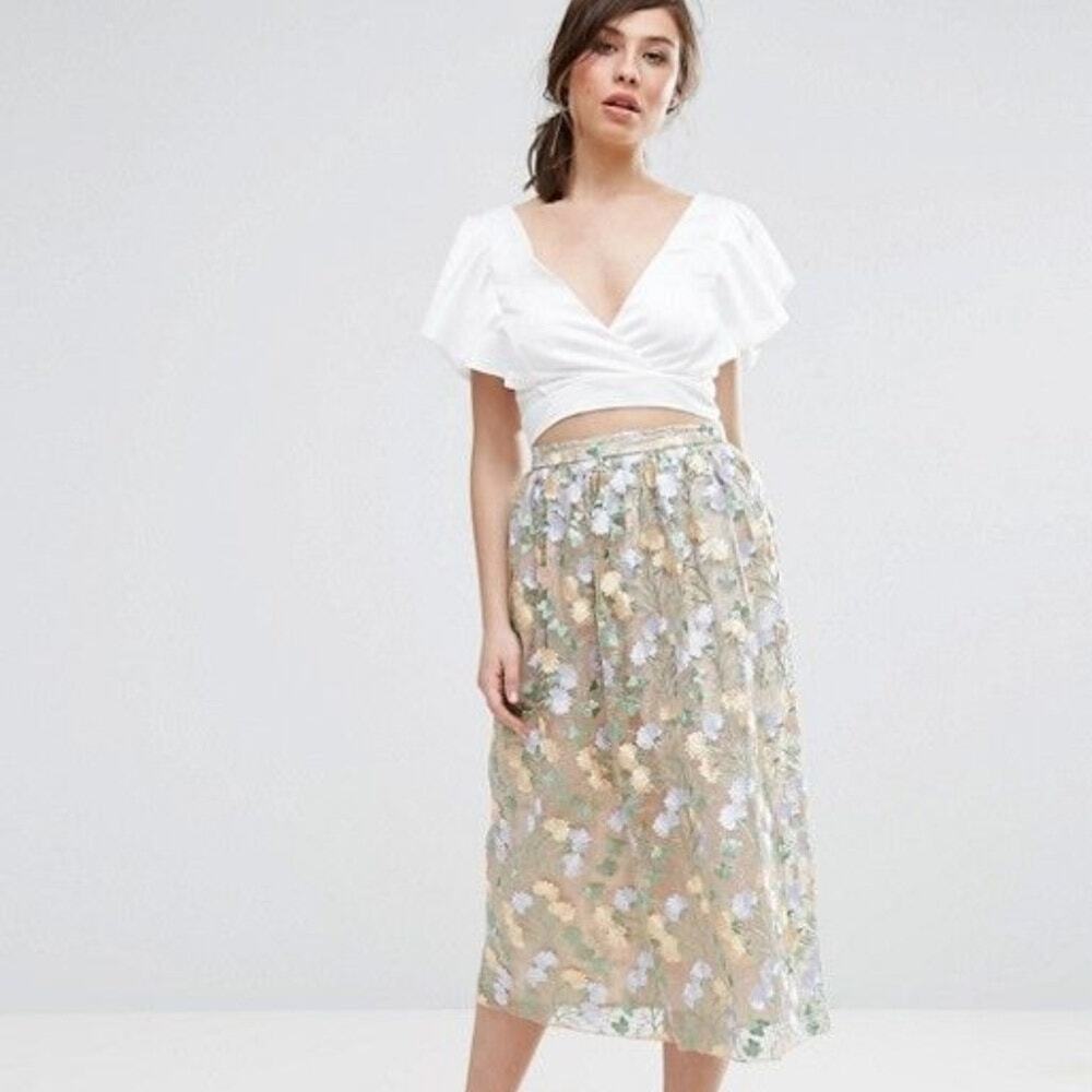 ASOS True Violet Floral Embroidered Tulle Midi Dress Womens 10 Fairy Garden NEW